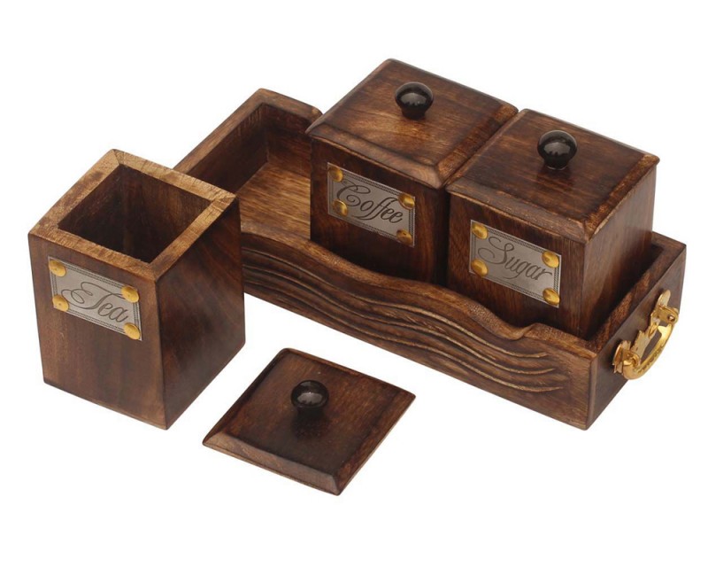 Wooden Tea Coffee & Sugar Container